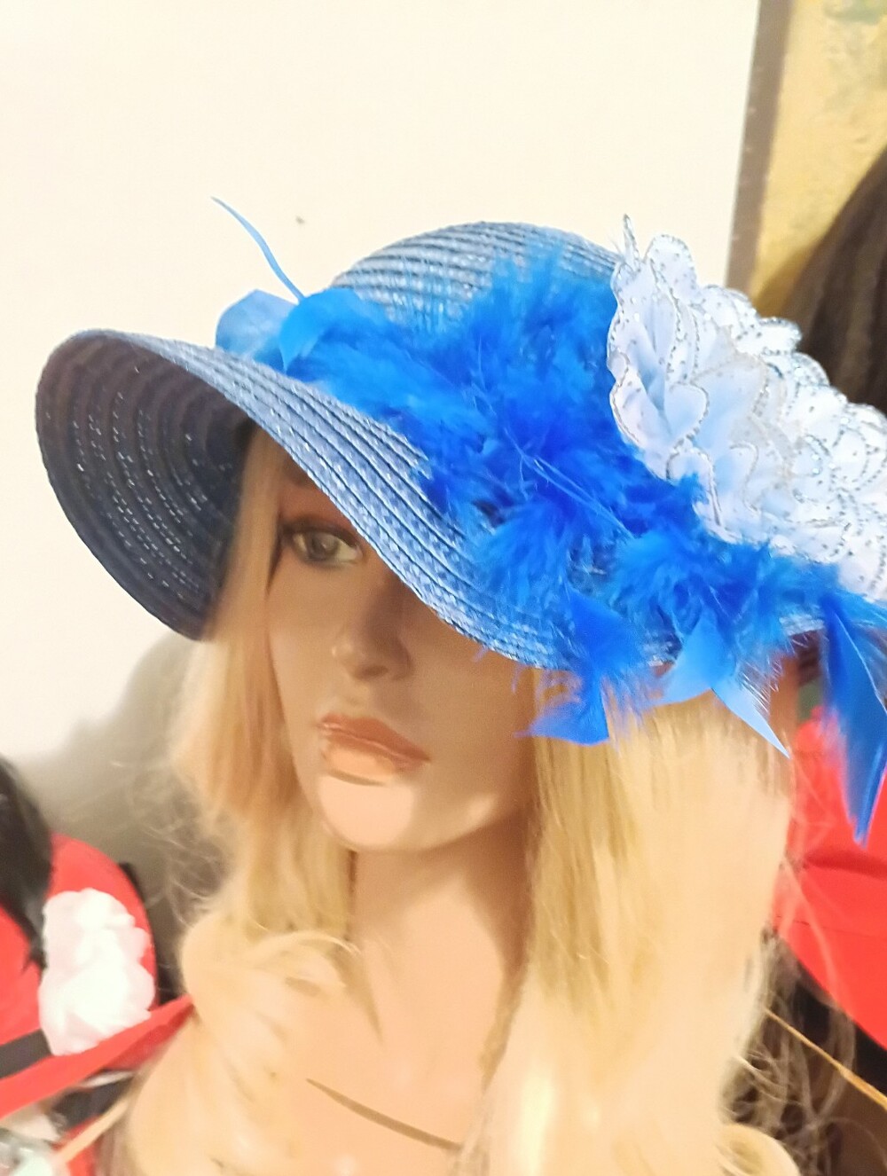 Blue Feather Trim Women's Wide Brim Hat